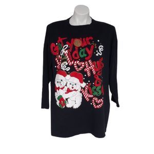 Vintage 1980s Long Sleeved Tee shirt with Holiday Bears and Shoulder Pads, Black